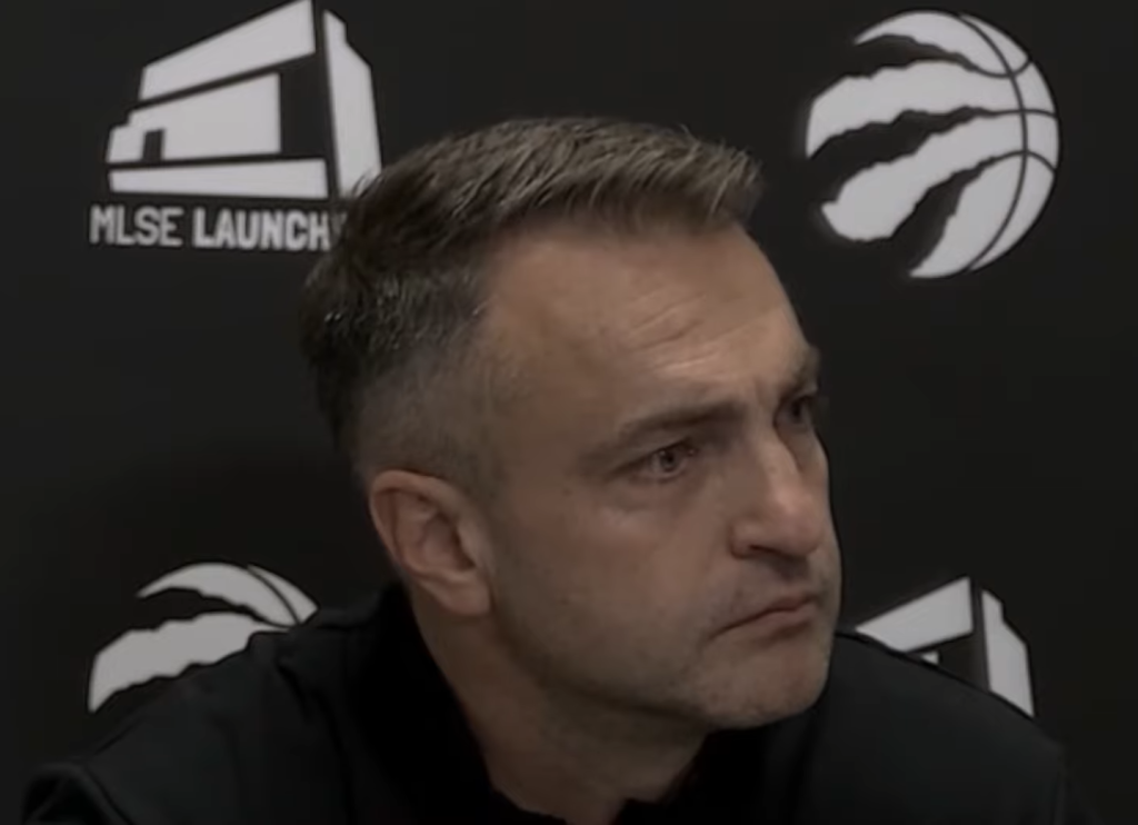 Darko Rajaković speaks to reporters postgame following the Raptors’ loss to the Spurs.