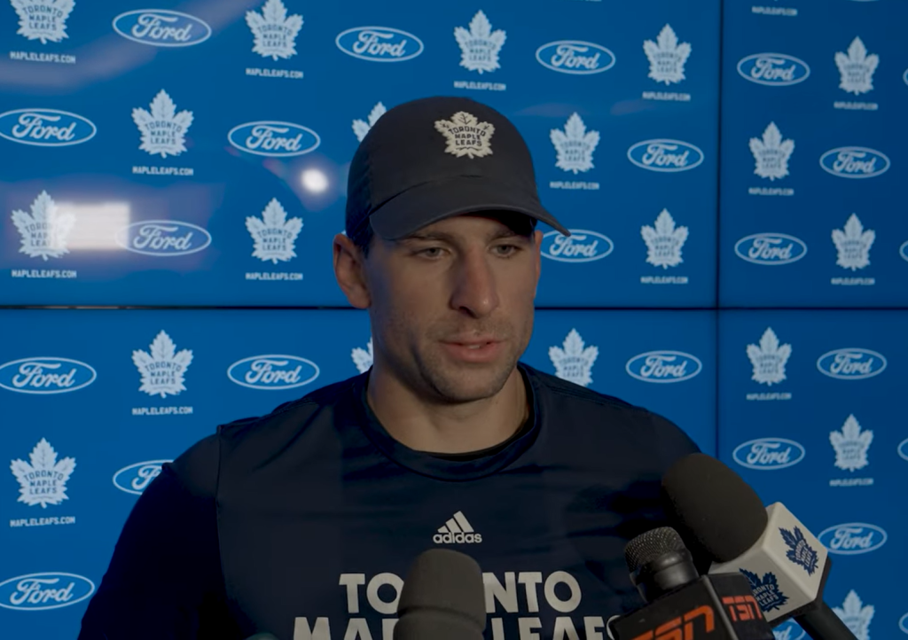 John Tavares speaks to the media before the Maple Leafs’ game against the Calgary Flames.