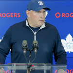 Craig Berube speaks to reporters pregame before the Maple Leafs’ game against the Calgary Flames.