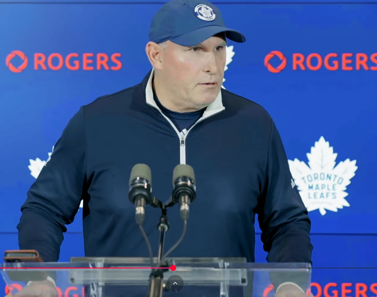 Craig Berube speaks to reporters pregame before the Maple Leafs’ game against the Calgary Flames.